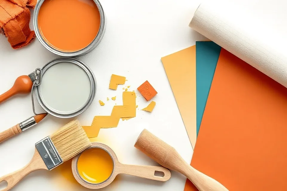 Pots de peinture, nuancier, brosses et rouleaux disposés à plat