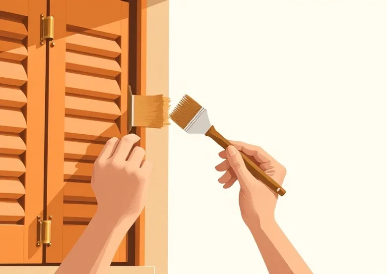 Mise en peinture au pinceau de volets et d'encadrements en bois