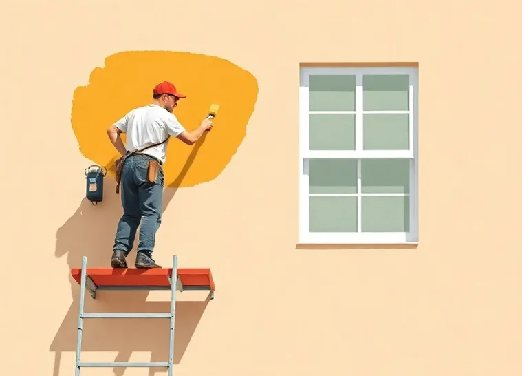 Peintre sur échafaudage traitant la façade d'une maison