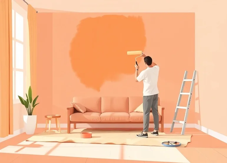 Peintre appliquant la peinture au rouleau sur un mur de salon